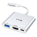 Silver USB-C to HDMI adapter hub with cable and USB, HDMI, and USB-C ports.