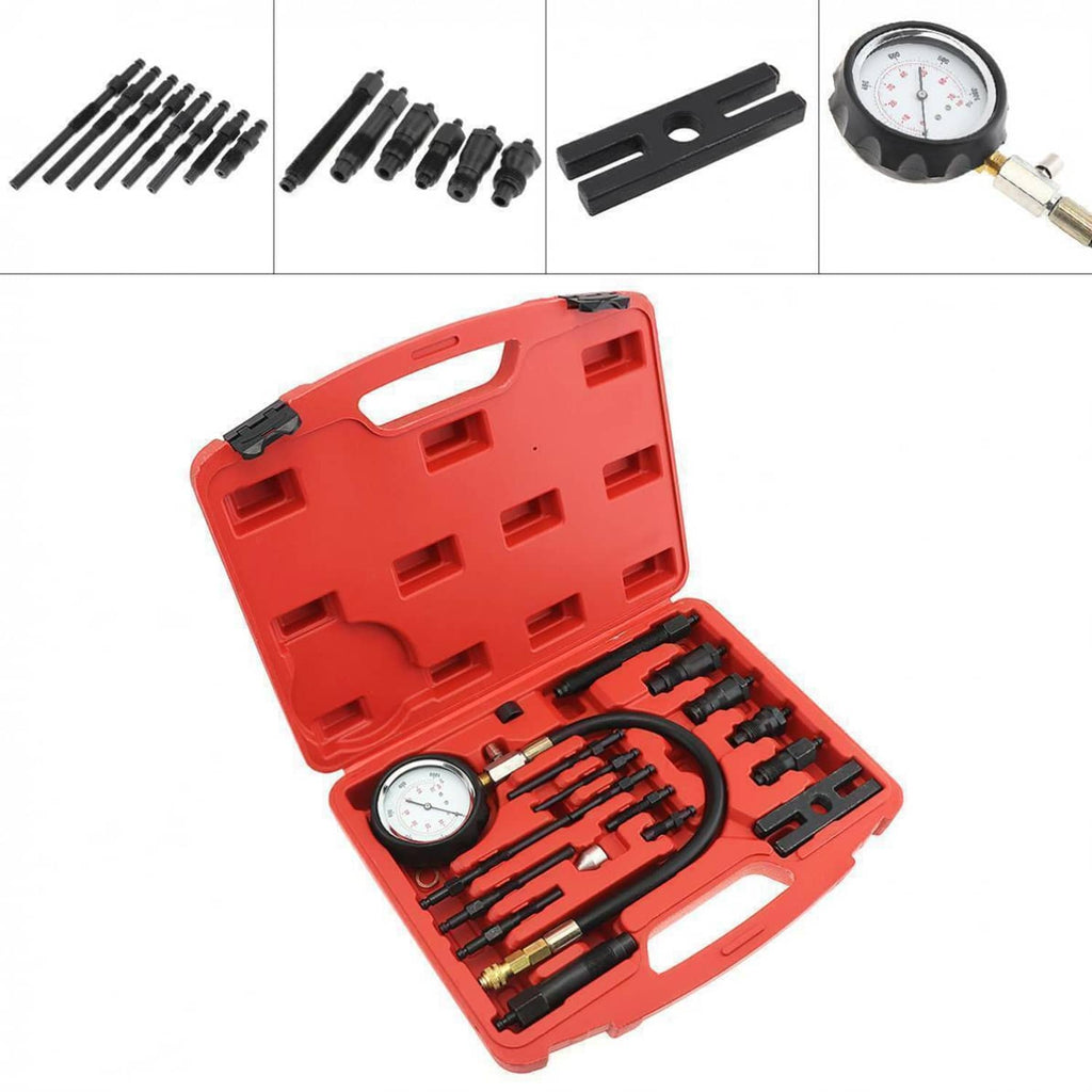 Compression tester kit in red case with gauge, hoses, and adapter tools