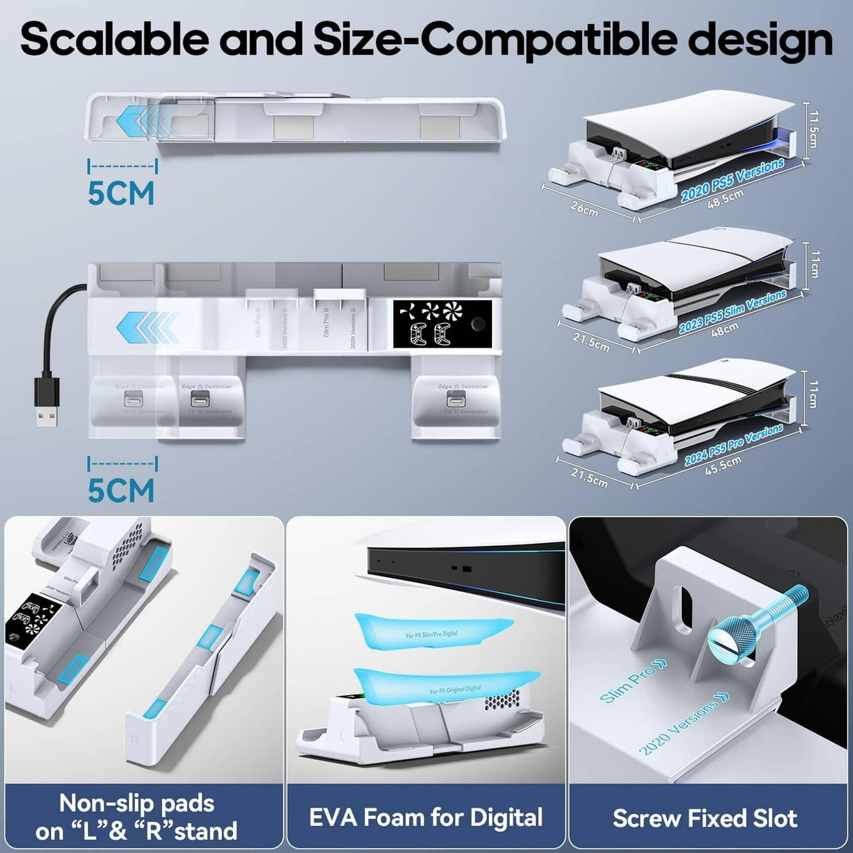 White stand with modular size-fit design and non-slip pads for secure placement
