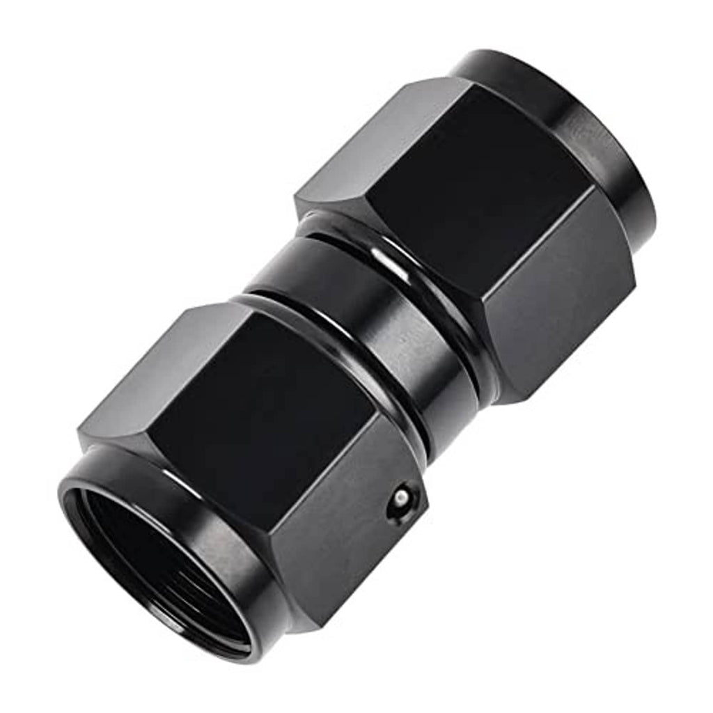 Black AN swivel coupler with hex body, female threaded ends, stepped union rings