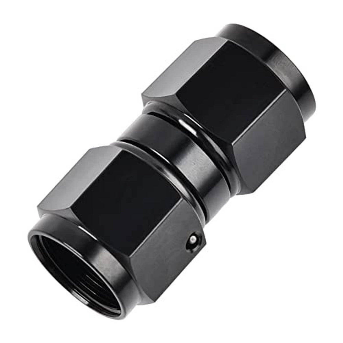 Black AN swivel coupler with hex body, female threaded ends, stepped union rings