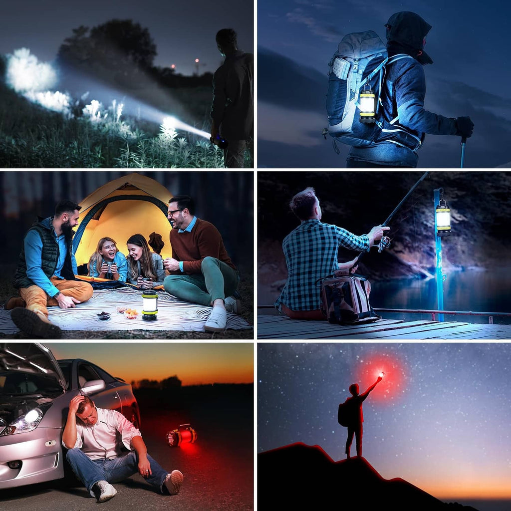 Rechargeable LED lantern flashlight casting bright light, light green and black, at night