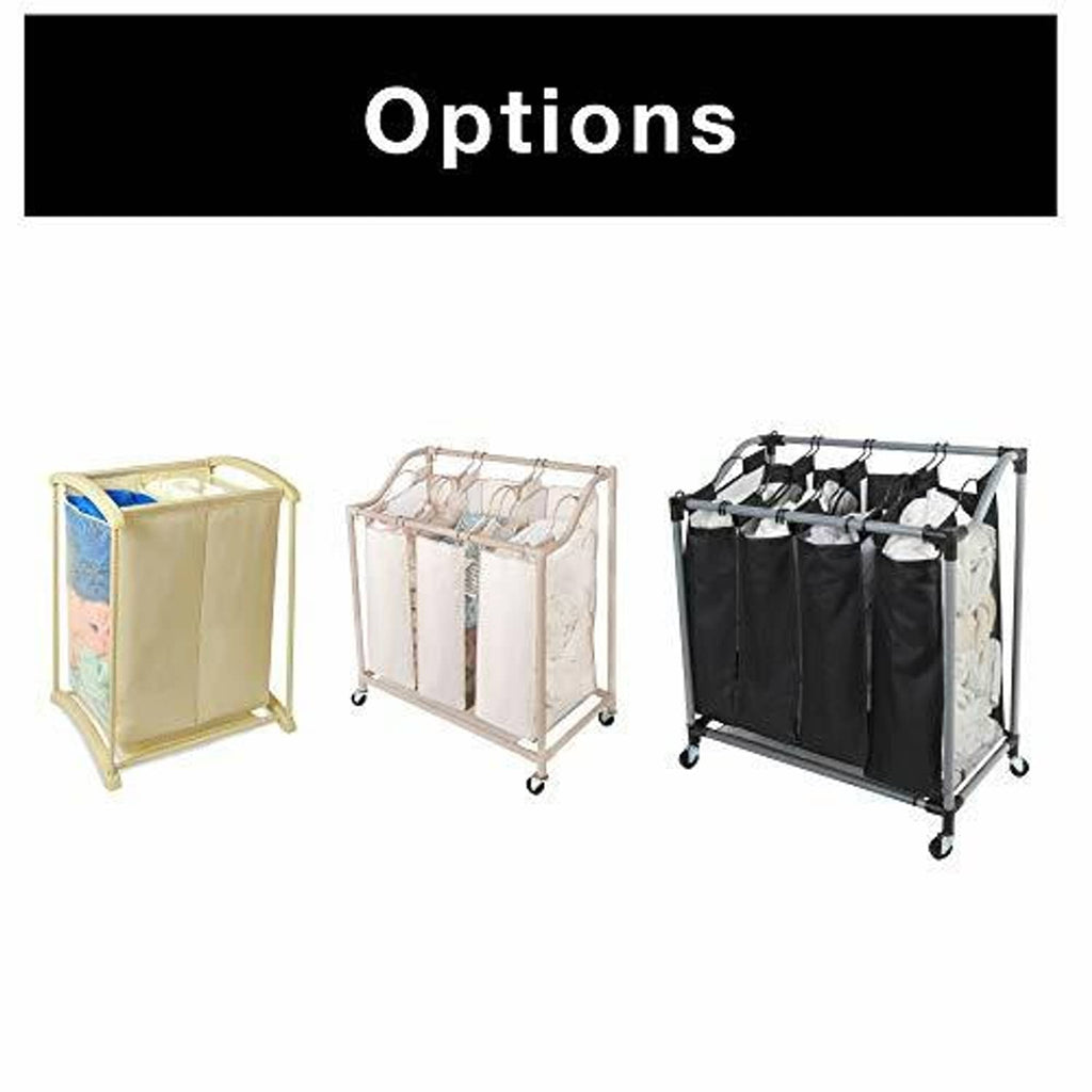 Three-compartment rolling laundry hampers in multiple colors with caster wheels