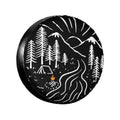 Universal spare tire cover, black with white forest and mountain line art