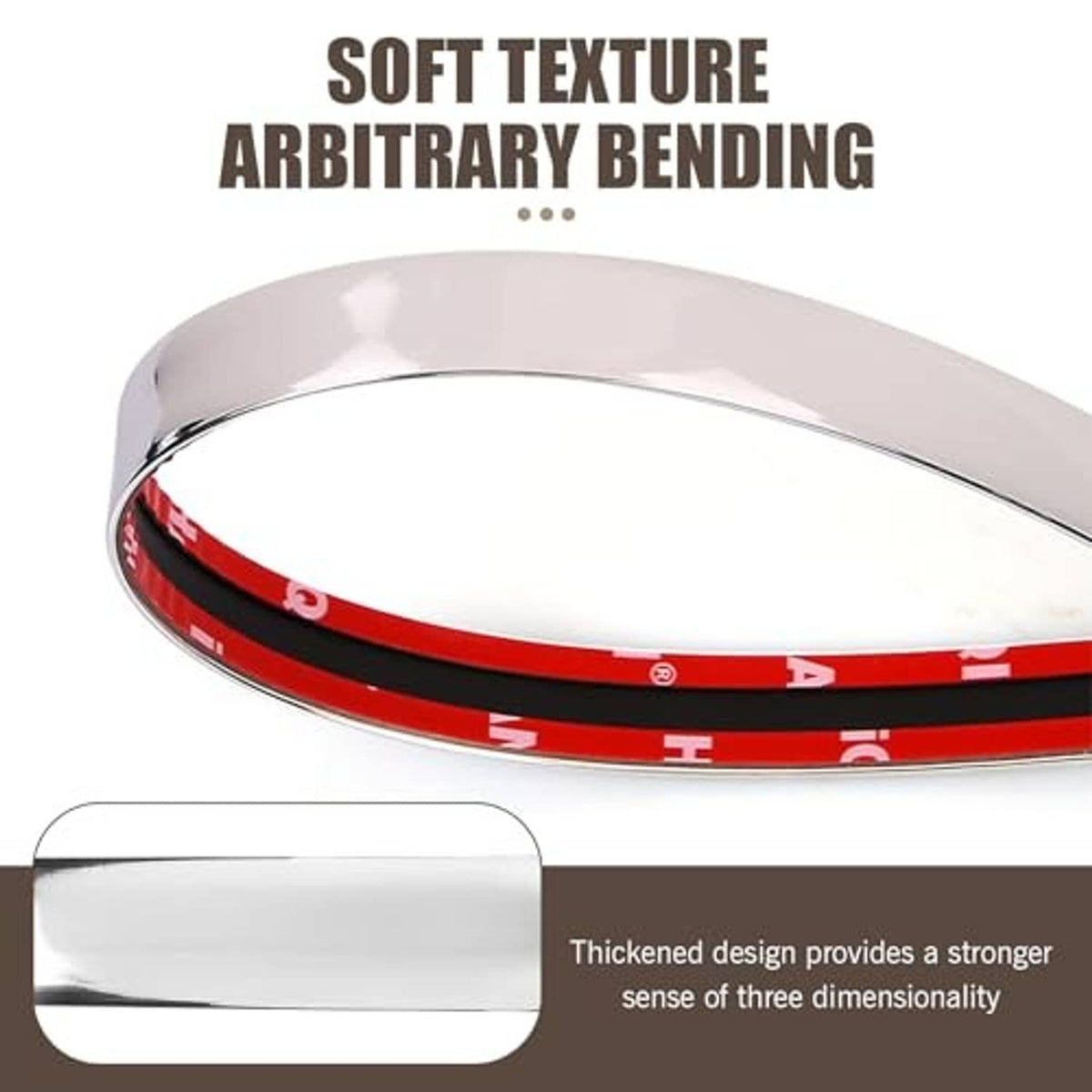 Curved chrome car molding trim with red-and-black accent stripe