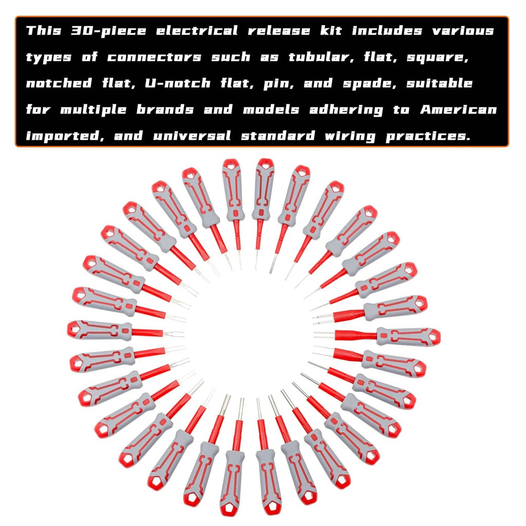Universal terminal removal tool kit with multiple red-handled connector pullers