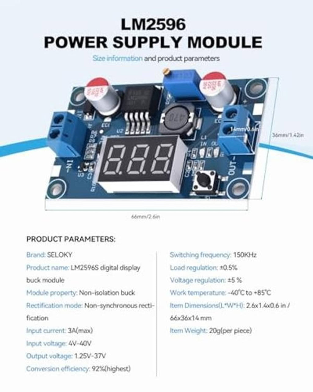 LM2596 power supply module PCB with 7-segment LED display, capacitors, and screw terminals