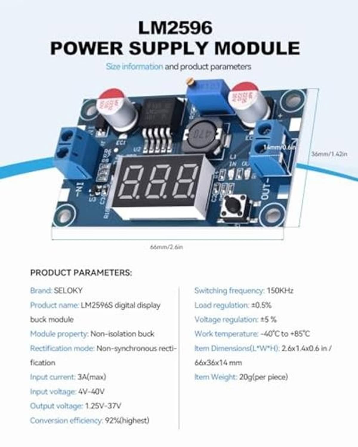 LM2596 power supply module PCB with 7-segment LED display, capacitors, and screw terminals