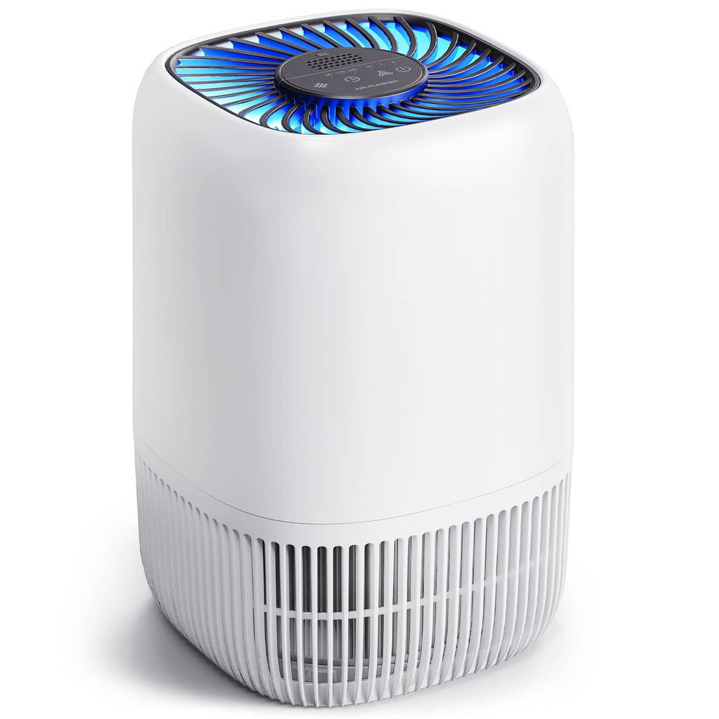 White air purifier with top grille and blue-lit fan blades