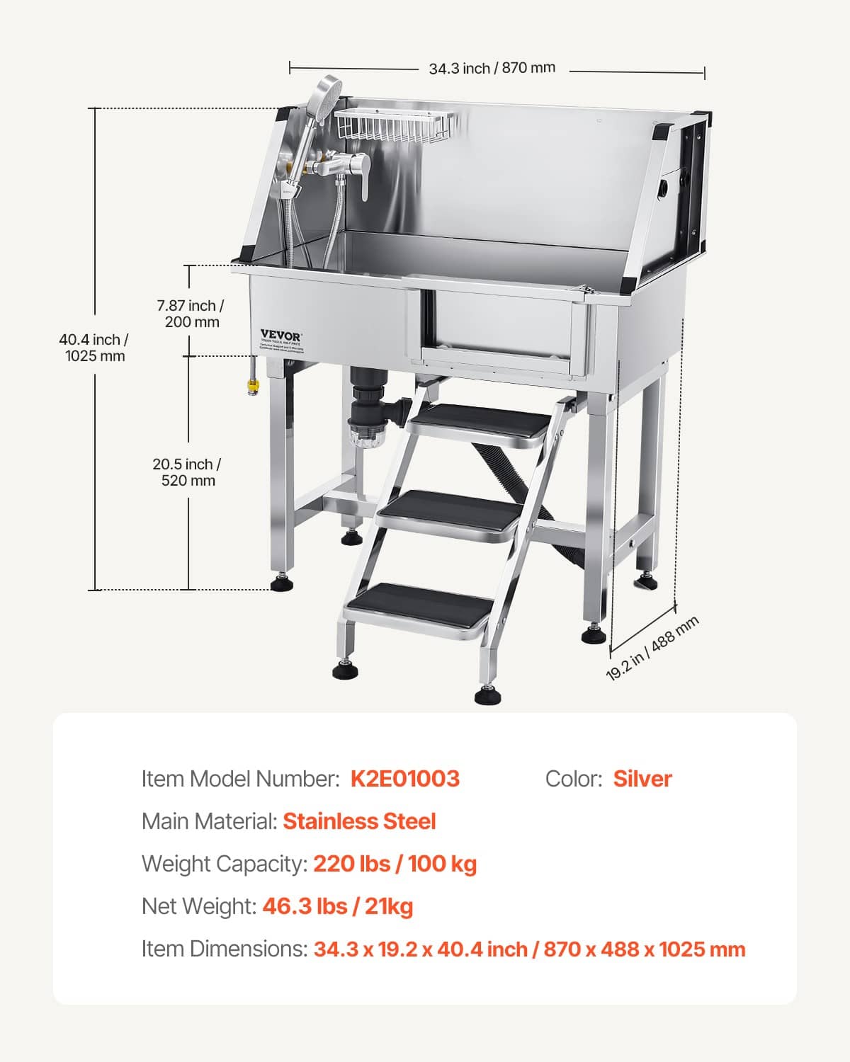Stainless steel pet bath station with measuring dimensions, stair steps, and support legs