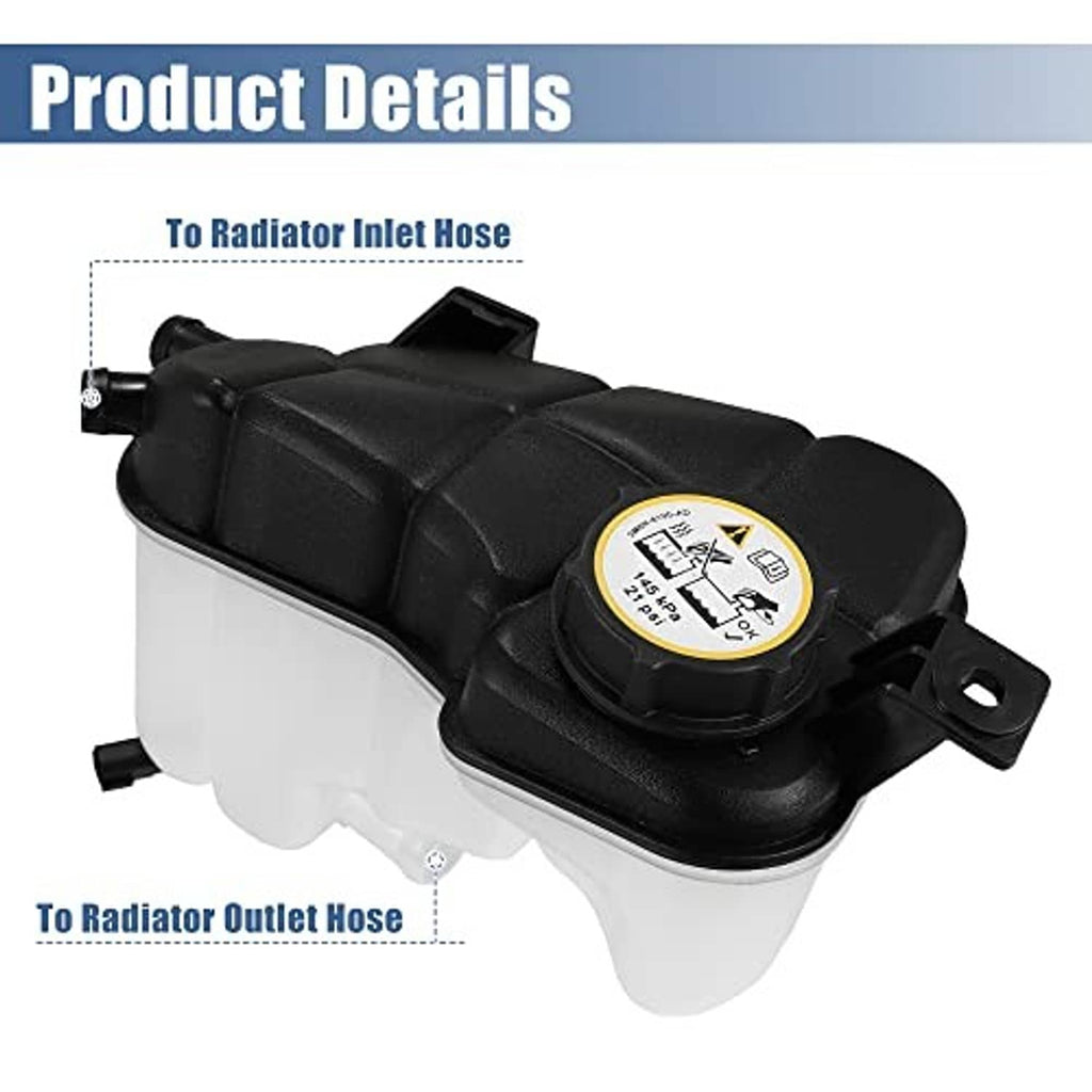 Coolant radiator reservoir tank with black housing, yellow cap, and visible inlet/outlet areas