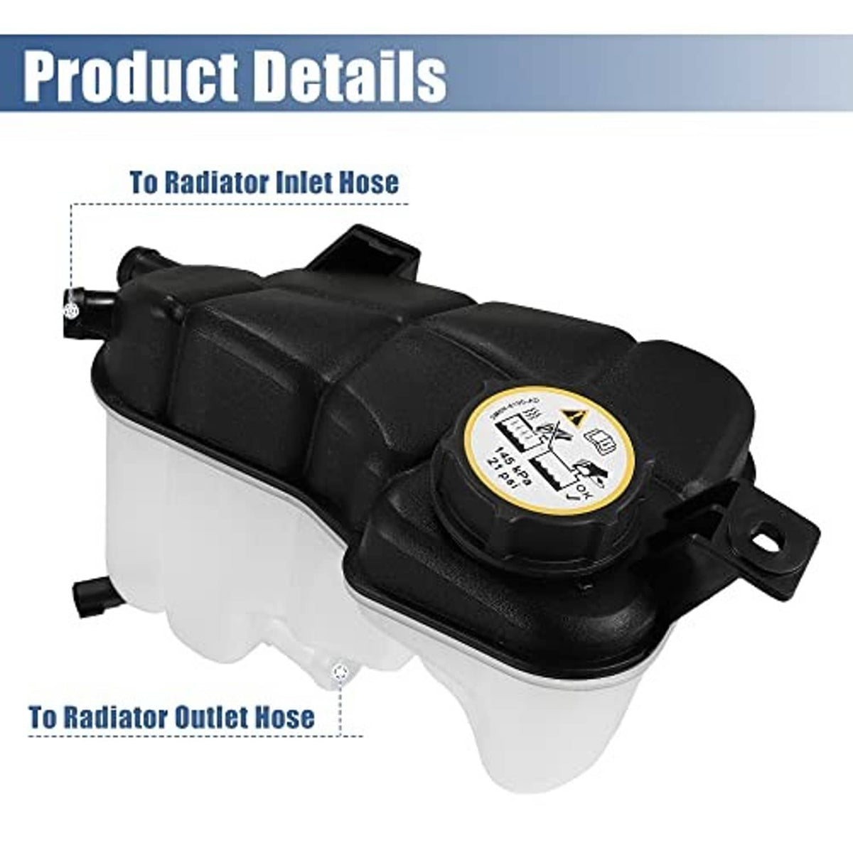 Coolant radiator reservoir tank with black housing, yellow cap, and visible inlet/outlet areas