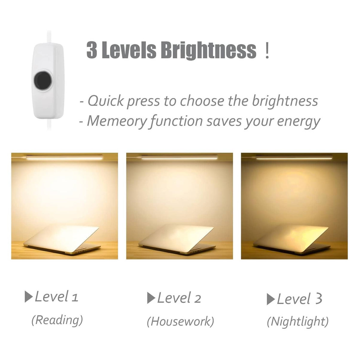 LED light controller showing three brightness levels for warm light