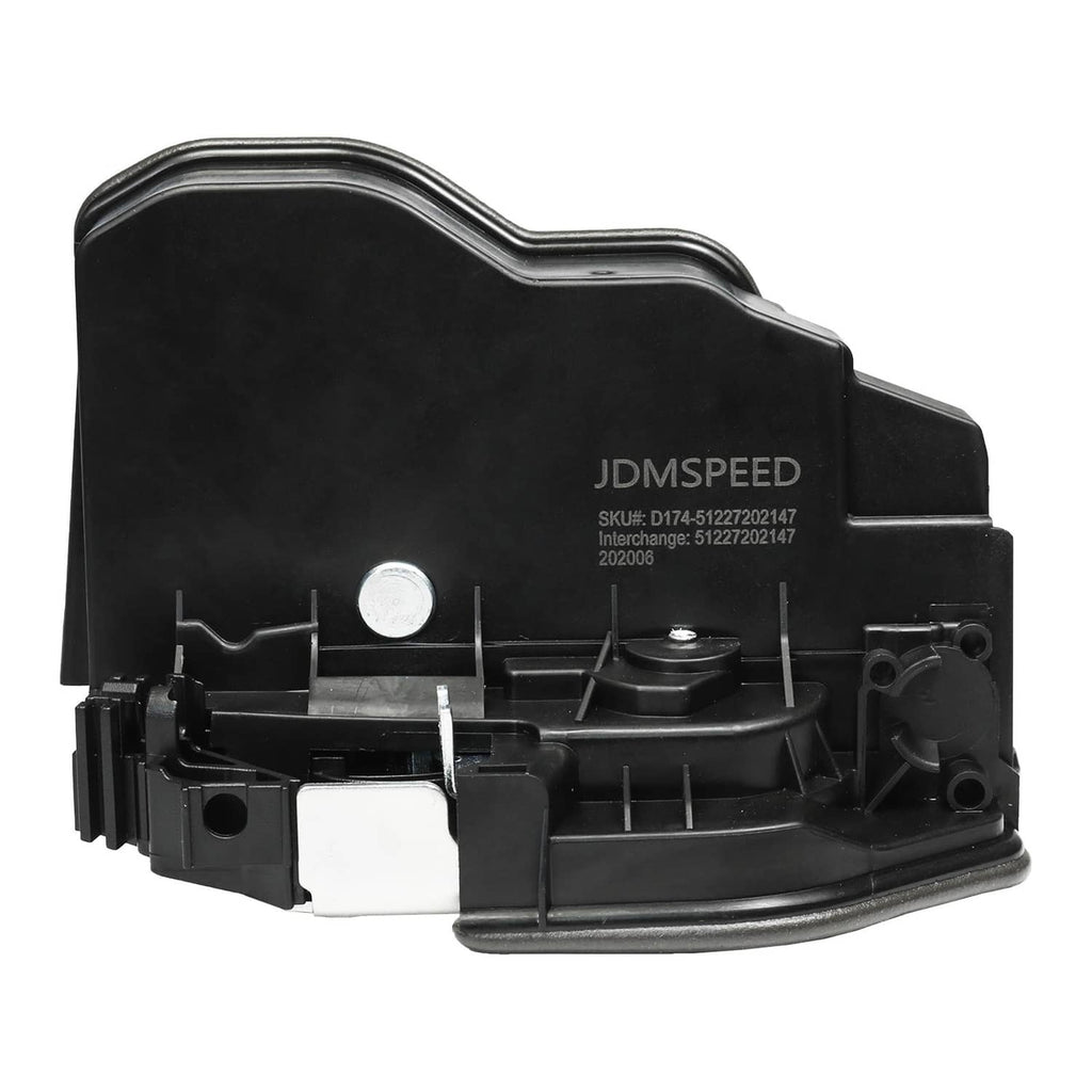 Rear left power door lock latch actuator, front view of black housing and metal pin