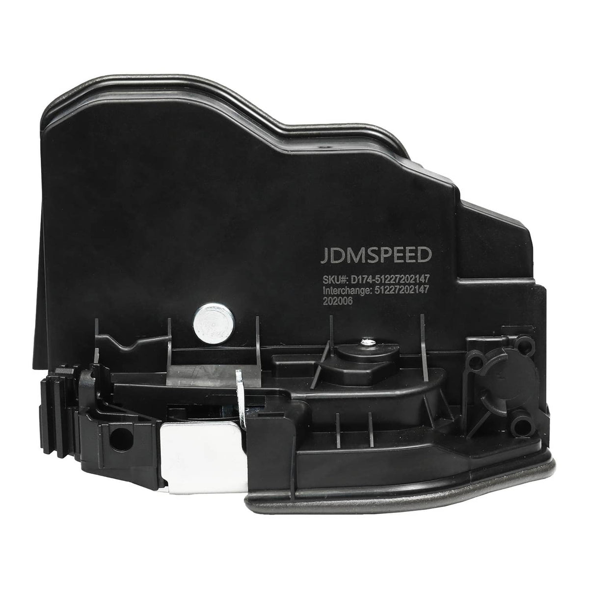 Rear left power door lock latch actuator, front view of black housing and metal pin