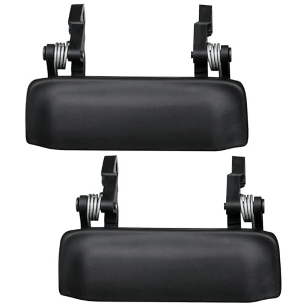 Two black plastic exterior door handles with mounting clips and spring posts