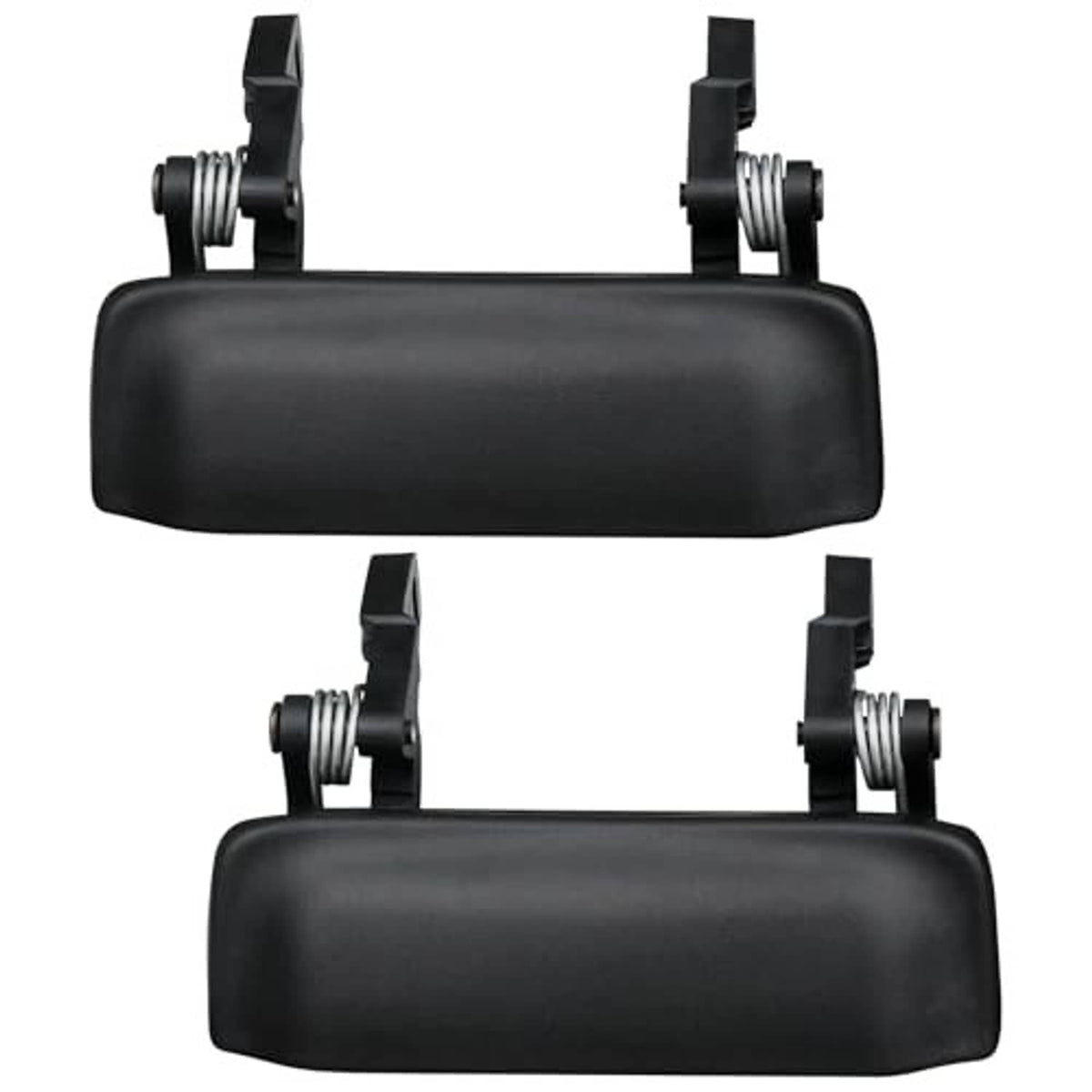Two black plastic exterior door handles with mounting clips and spring posts