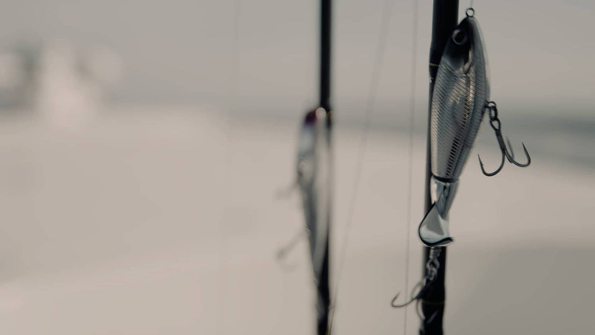 Hanging topwater fishing lure on a wall display line