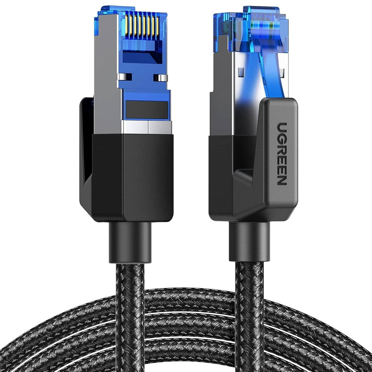 Braided Cat 8 Ethernet cable with RJ45 connectors, blue-and-black molded ends