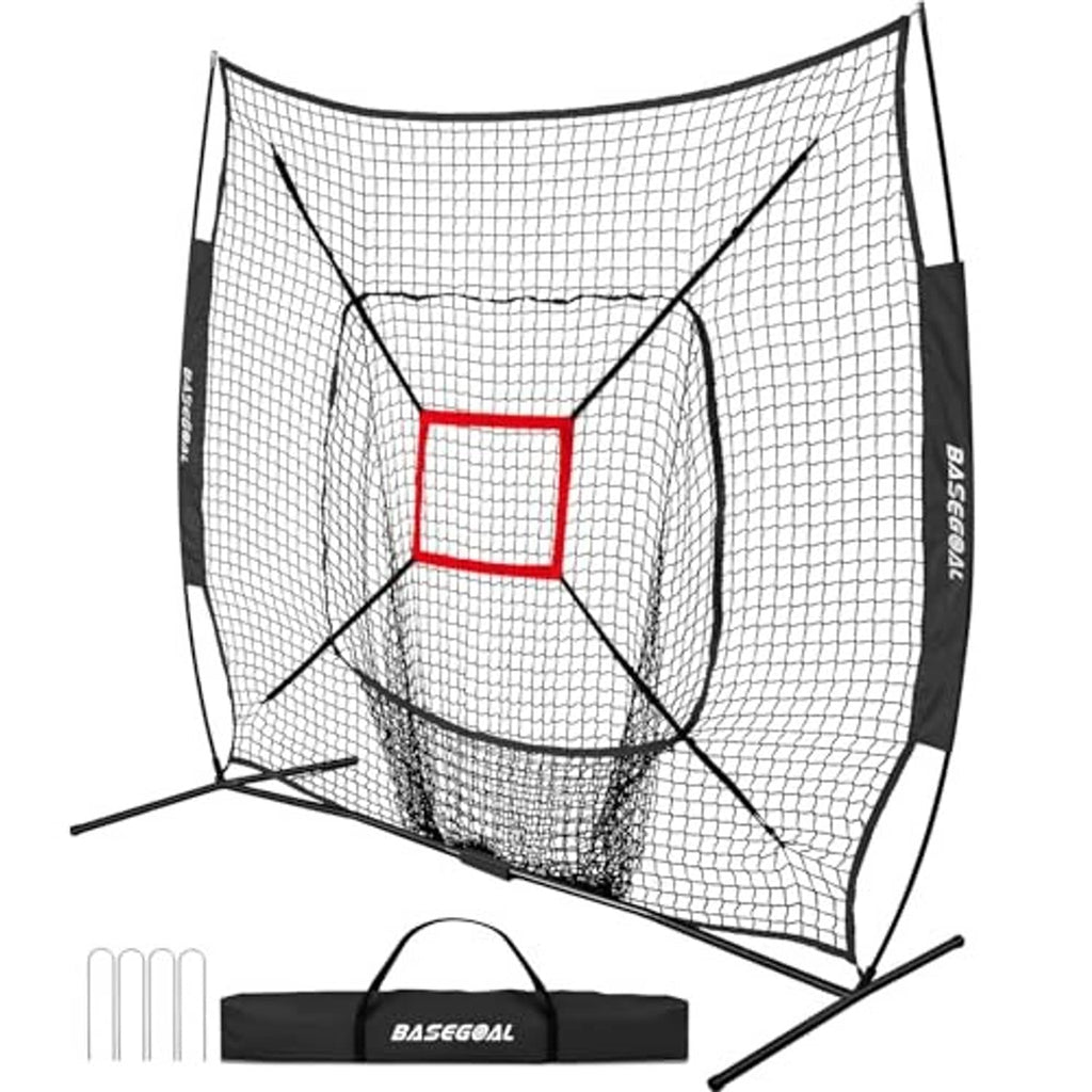 Baseball practice net with black frame, white mesh, red strike zone, and included carry bag