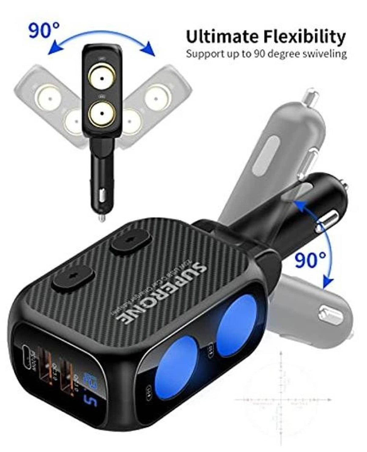 Dual-socket car lighter splitter with two blue sockets on a 90° pivot arm