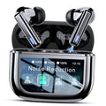 Black wireless earbuds in glossy charging case with touch screen displaying Noise Reduction
