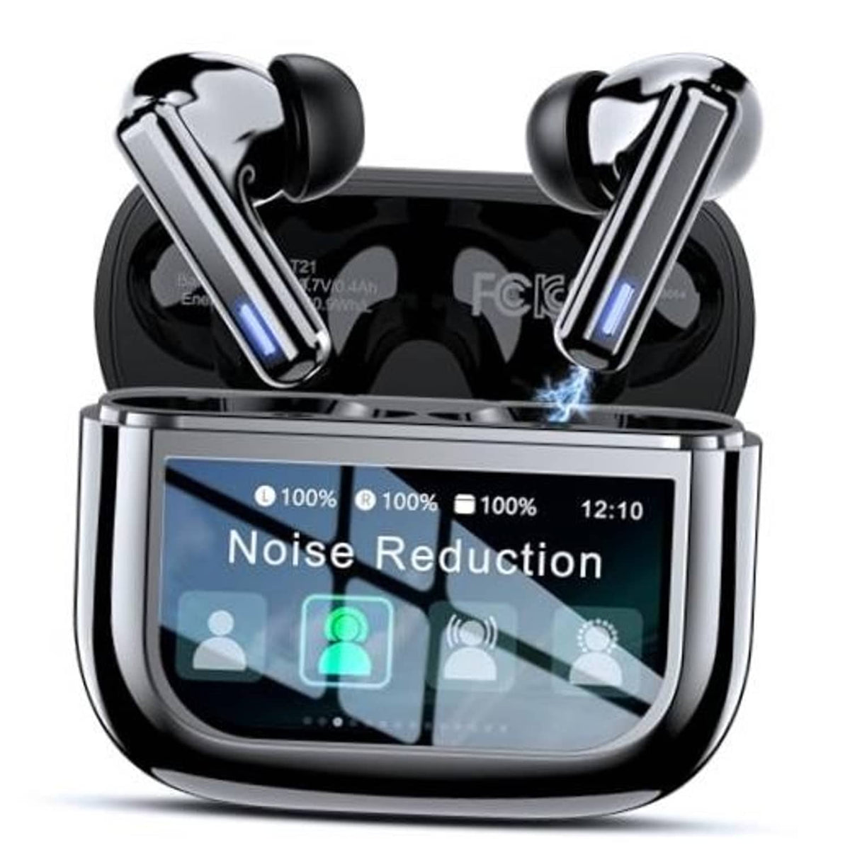 Black wireless earbuds in glossy charging case with touch screen displaying Noise Reduction