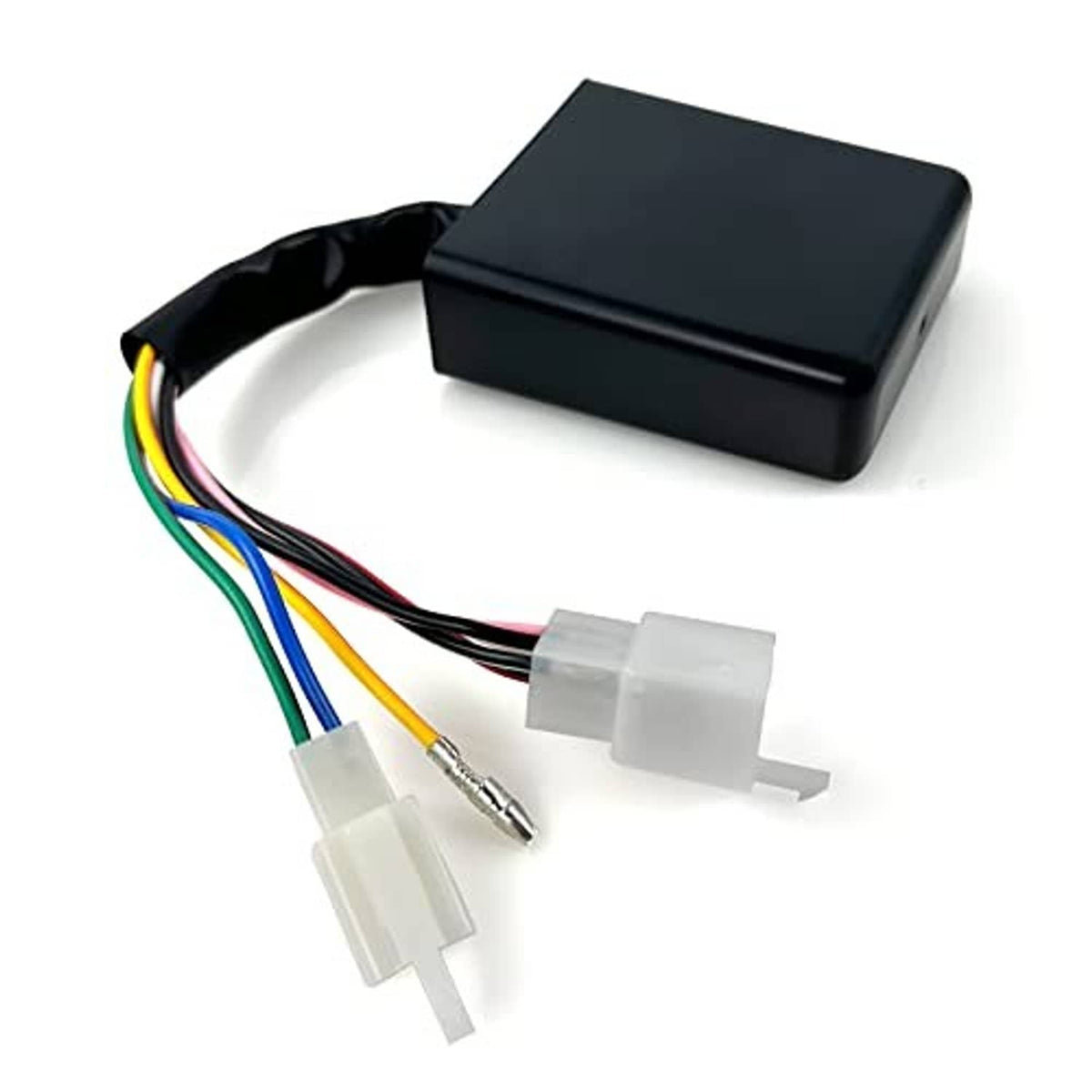 CDI igniter box with wiring leads and separate white plastic connector clips