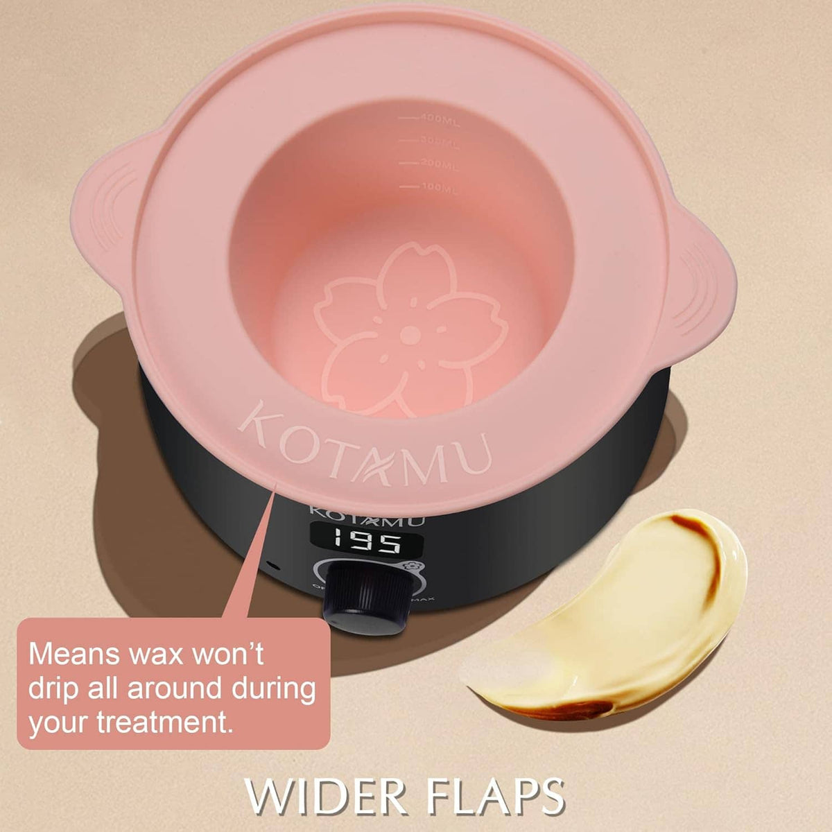 Pink silicone wax pot covering a hard wax warmer base with temperature display