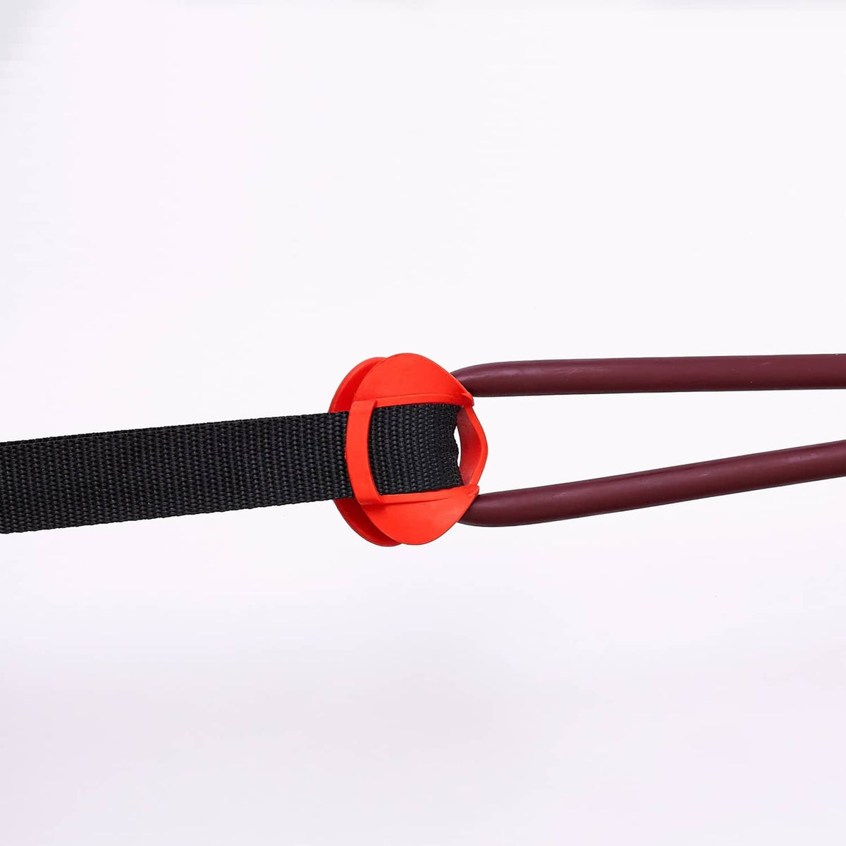Door anchor strap loop with red securing ring and black webbing