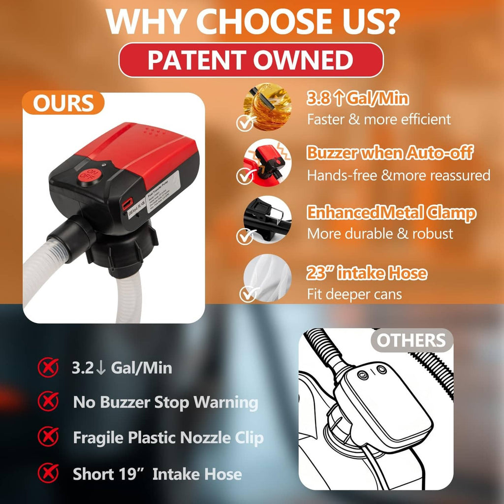 Portable fuel pump with red body, black clamp, and flexible hose connections