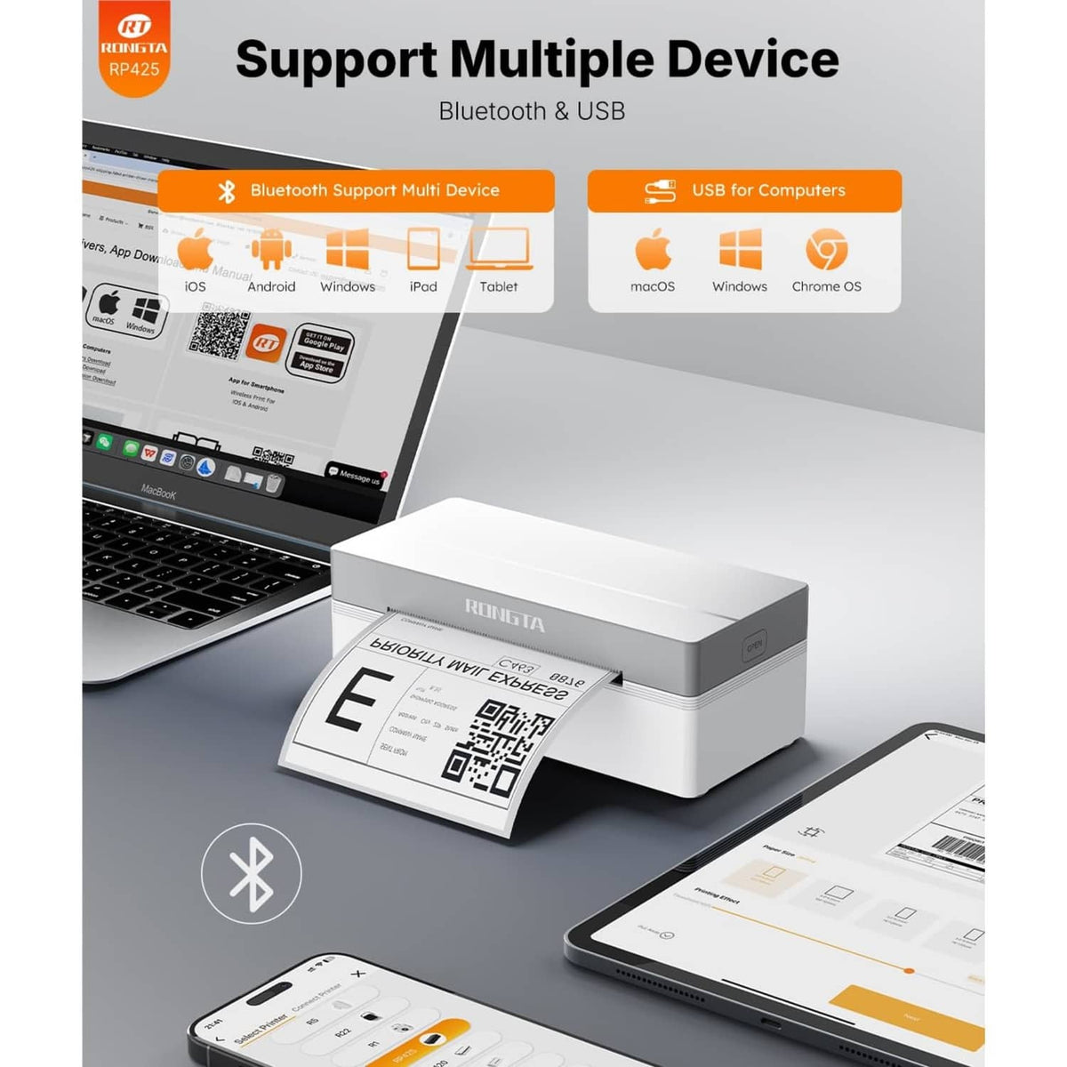 White thermal label printer with Bluetooth connectivity preview on laptop and smartphone