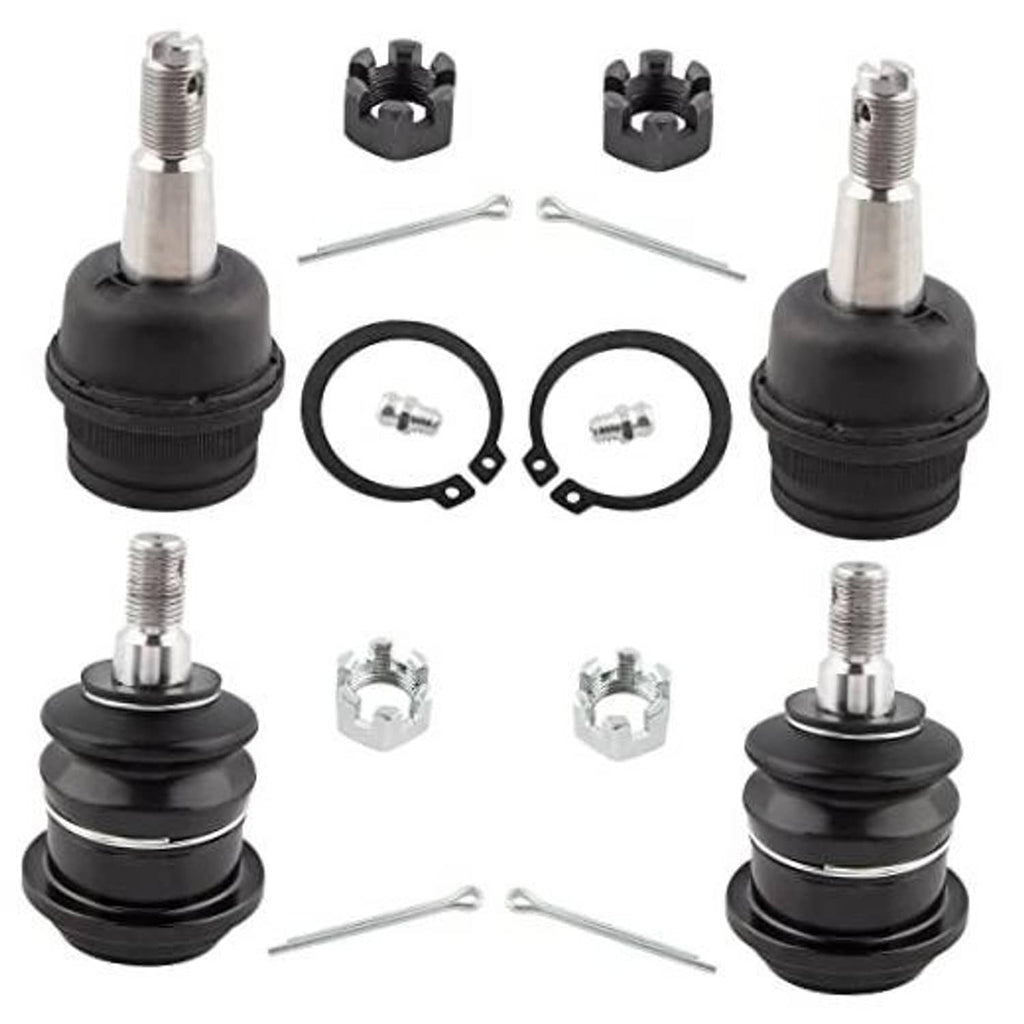 Ball joint set with black rubber boots, threaded studs, snap rings, and wrenches