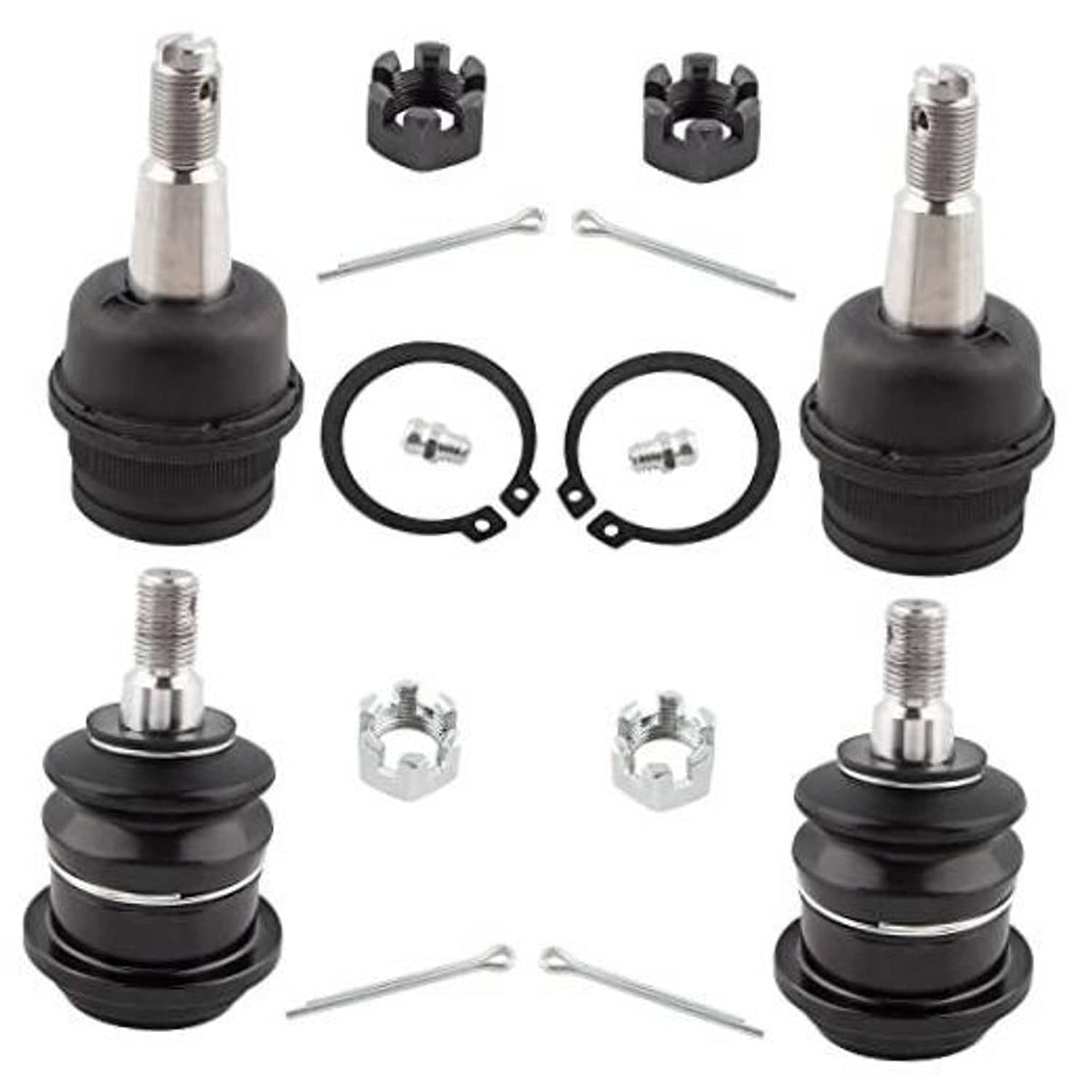 Ball joint set with black rubber boots, threaded studs, snap rings, and wrenches