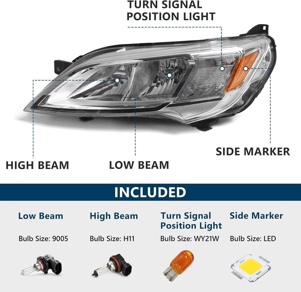 Left halogen headlight with clear lens showing low beam, high beam, turn signal, side marker.