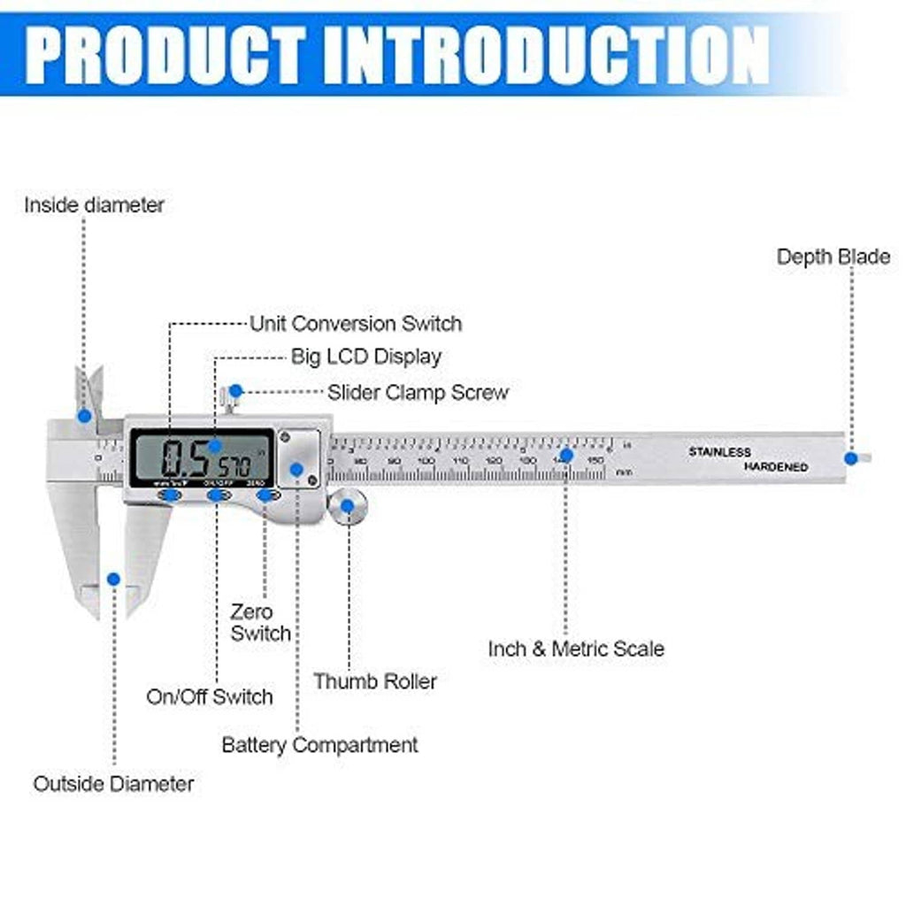 Digital caliper diagram highlighting scales, depth blade, and thumb roller