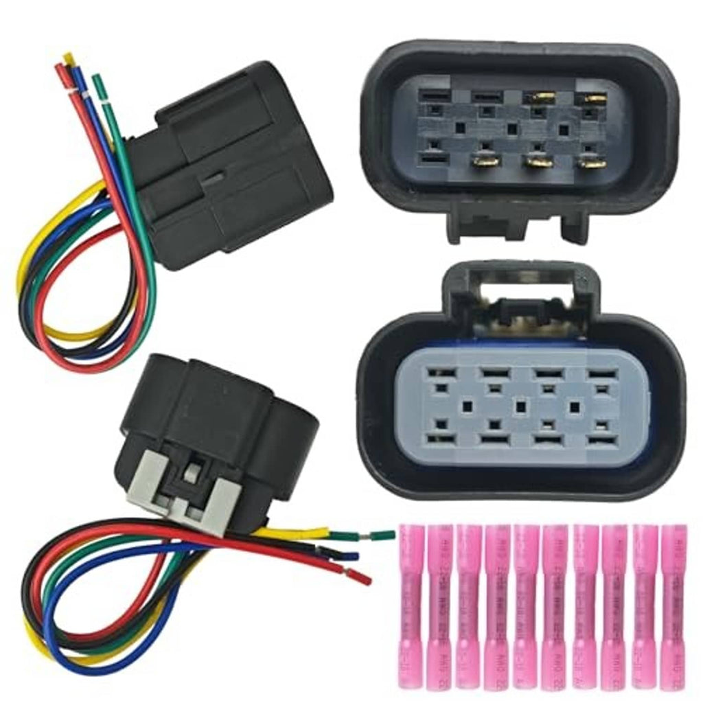 Paired 5-pin headlight connector plugs with color-coded wire leads and pink terminals