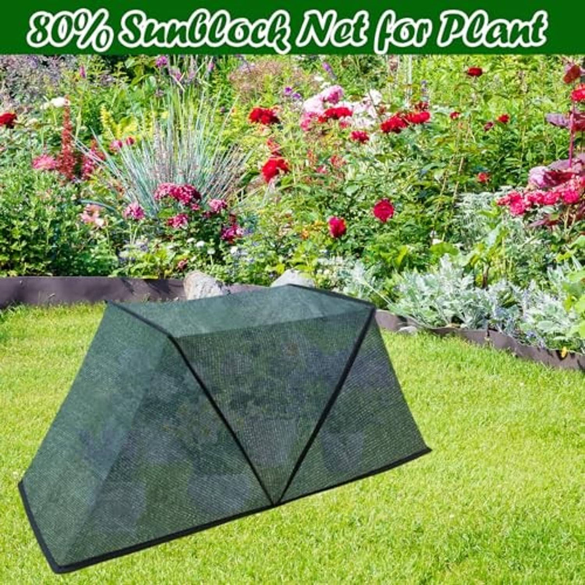 Foldable plant shade tent cover, dark green fabric sheltering garden plants