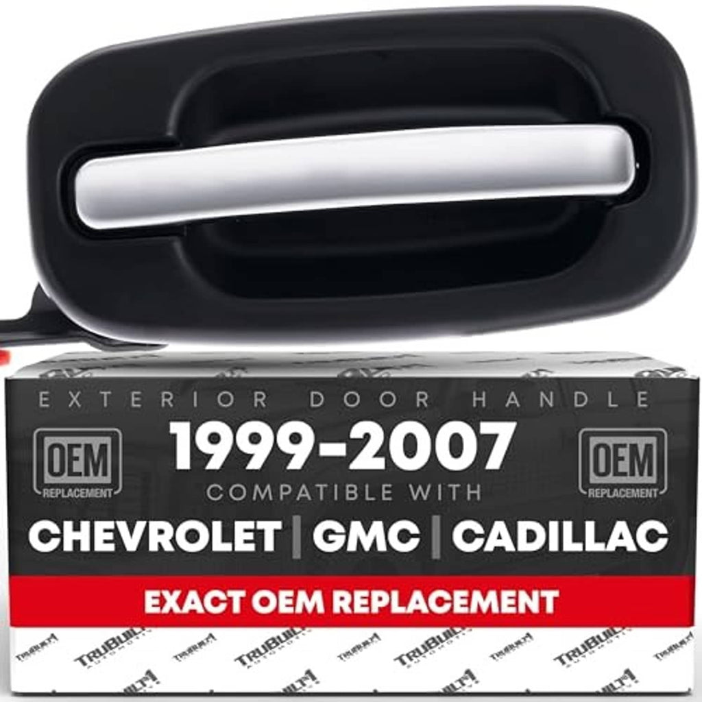 Exterior rear door handle, black outer bezel with silver chrome grip