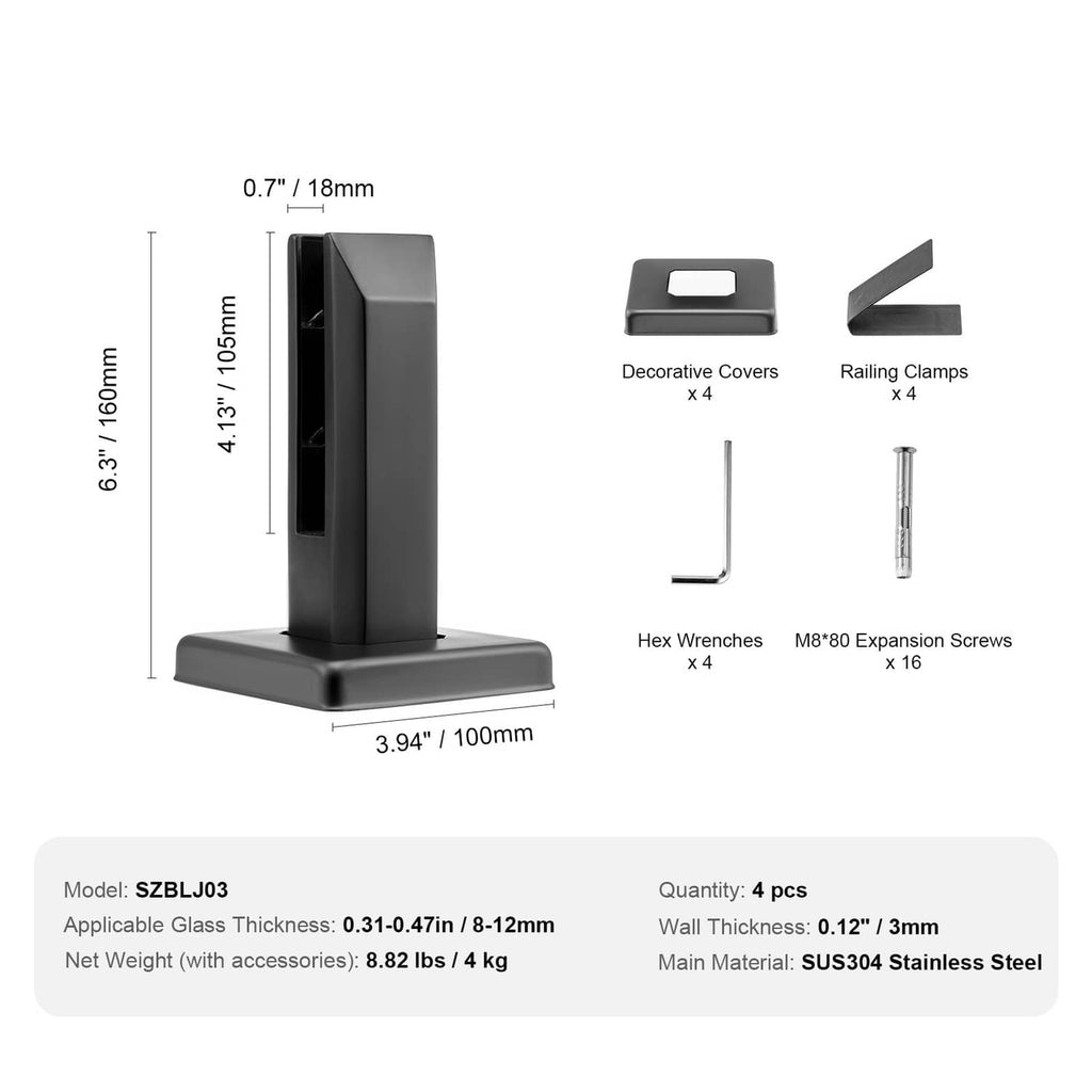 Black railing clamp set with decorative covers, hex wrench, and expansion screws