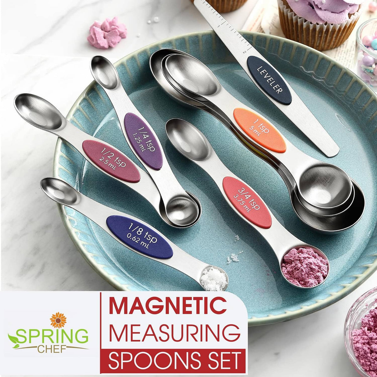 Stainless steel magnetic measuring spoons set with colored size labels on a tray