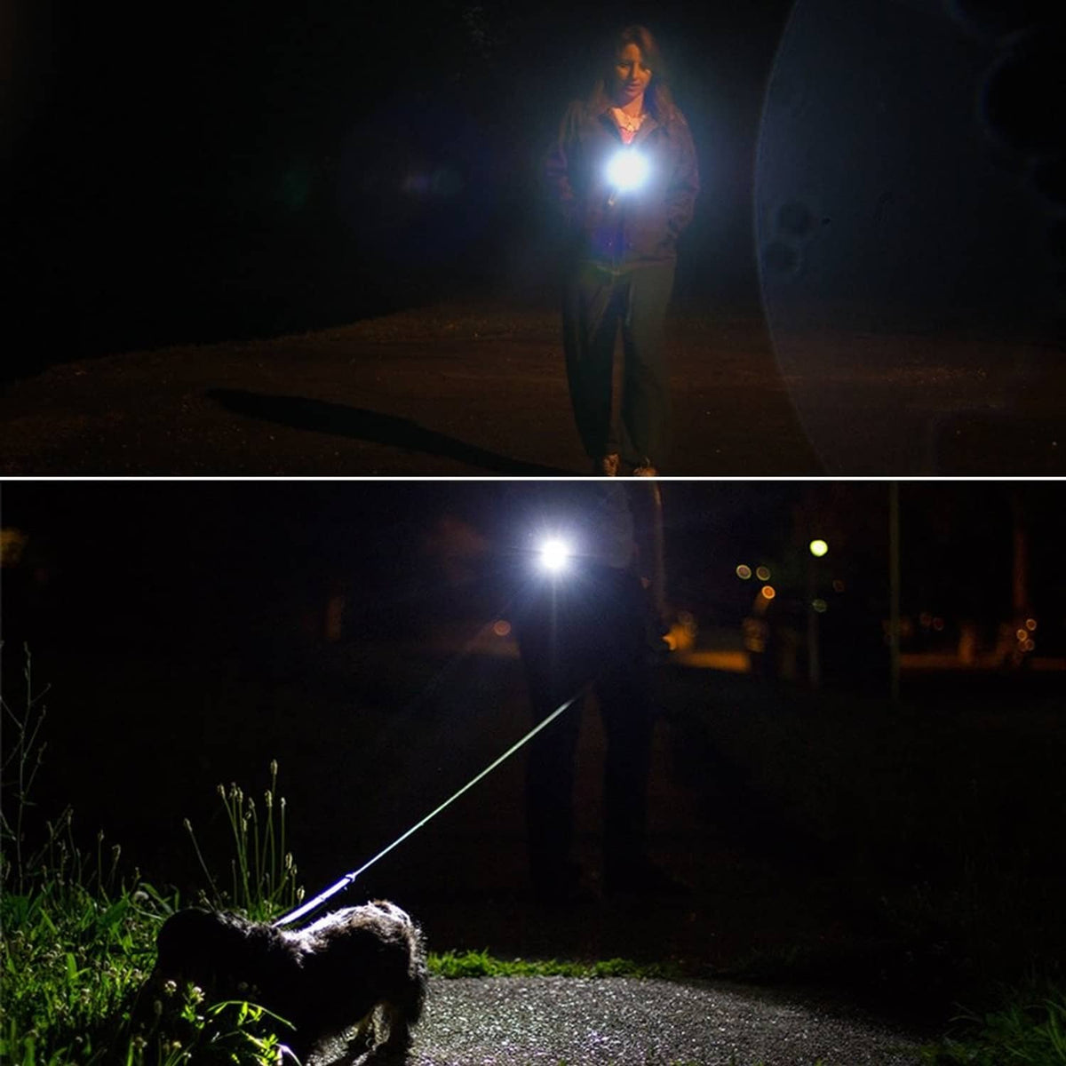 LED flashlight bulb shining a bright white light beam in a dark scene