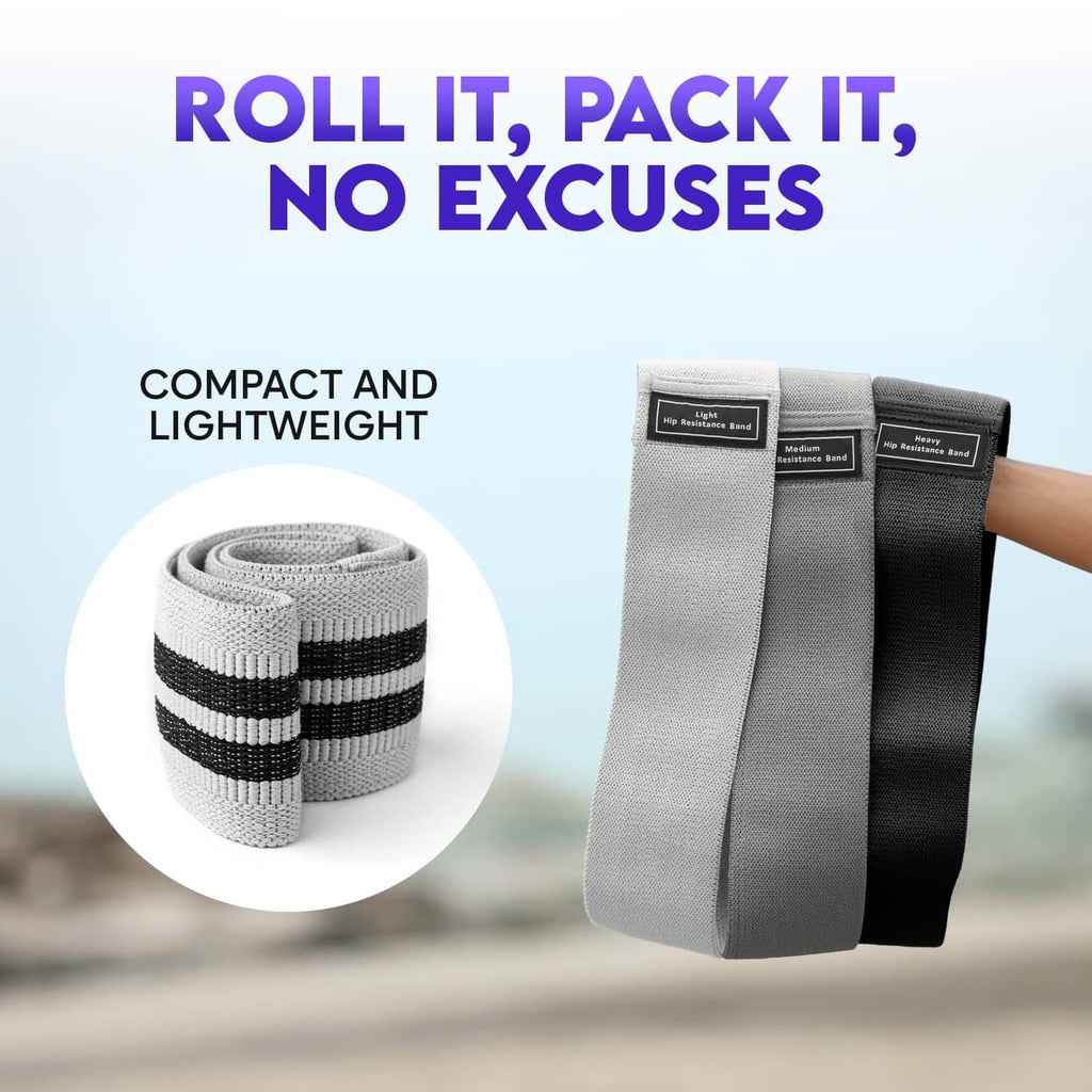 Rolled wide fabric resistance bands set of three in dark and gray tones
