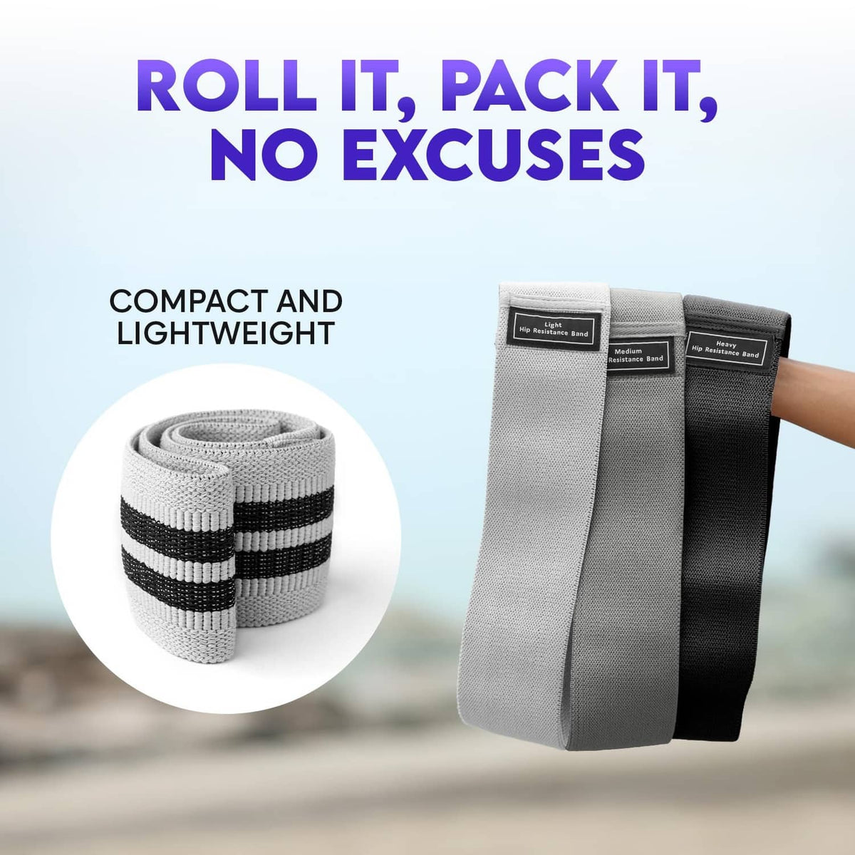 Rolled wide fabric resistance bands set of three in dark and gray tones