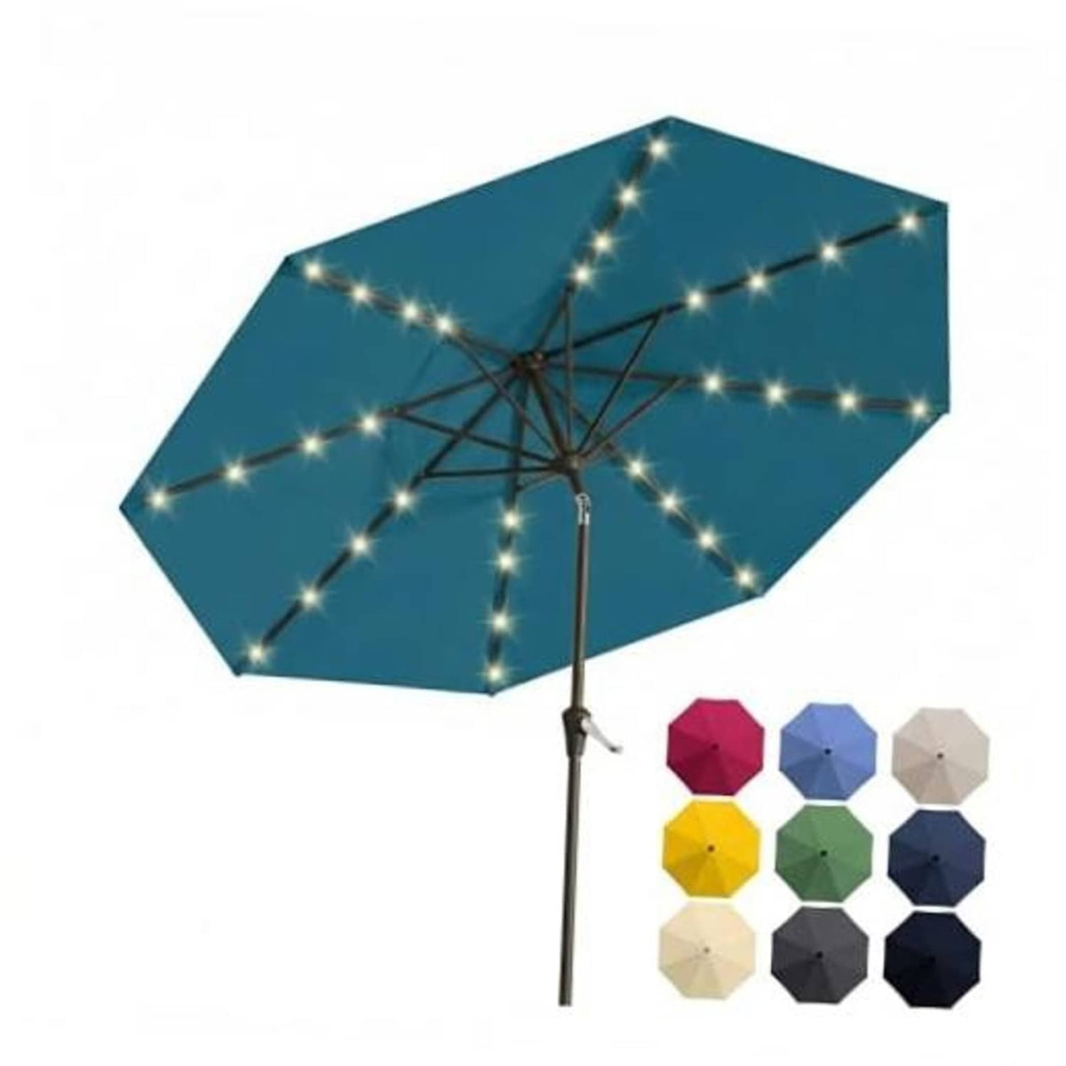 Teal solar patio umbrella with warm string lights and central pole