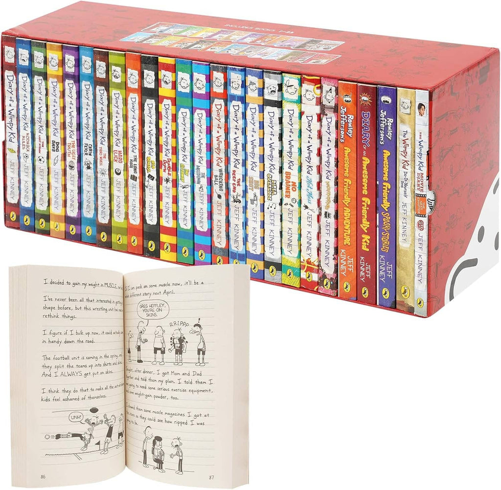 Diary of a Wimpy Kid book box set with side view and two open books