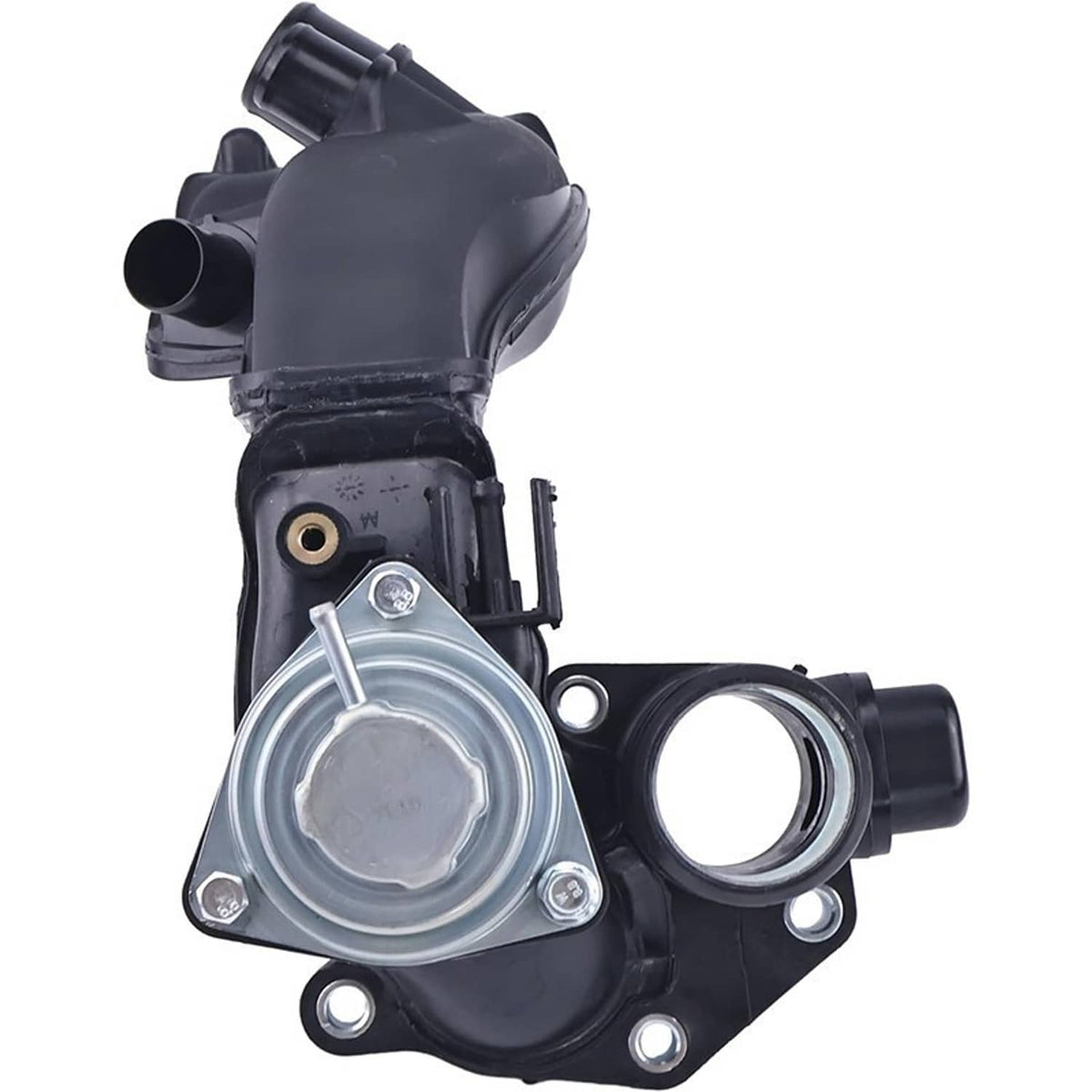 Turbocharger charge air pipe joint with circular metal housing and black intake hose