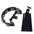 Black tambourine with chrome jingles and black cowbell with mount