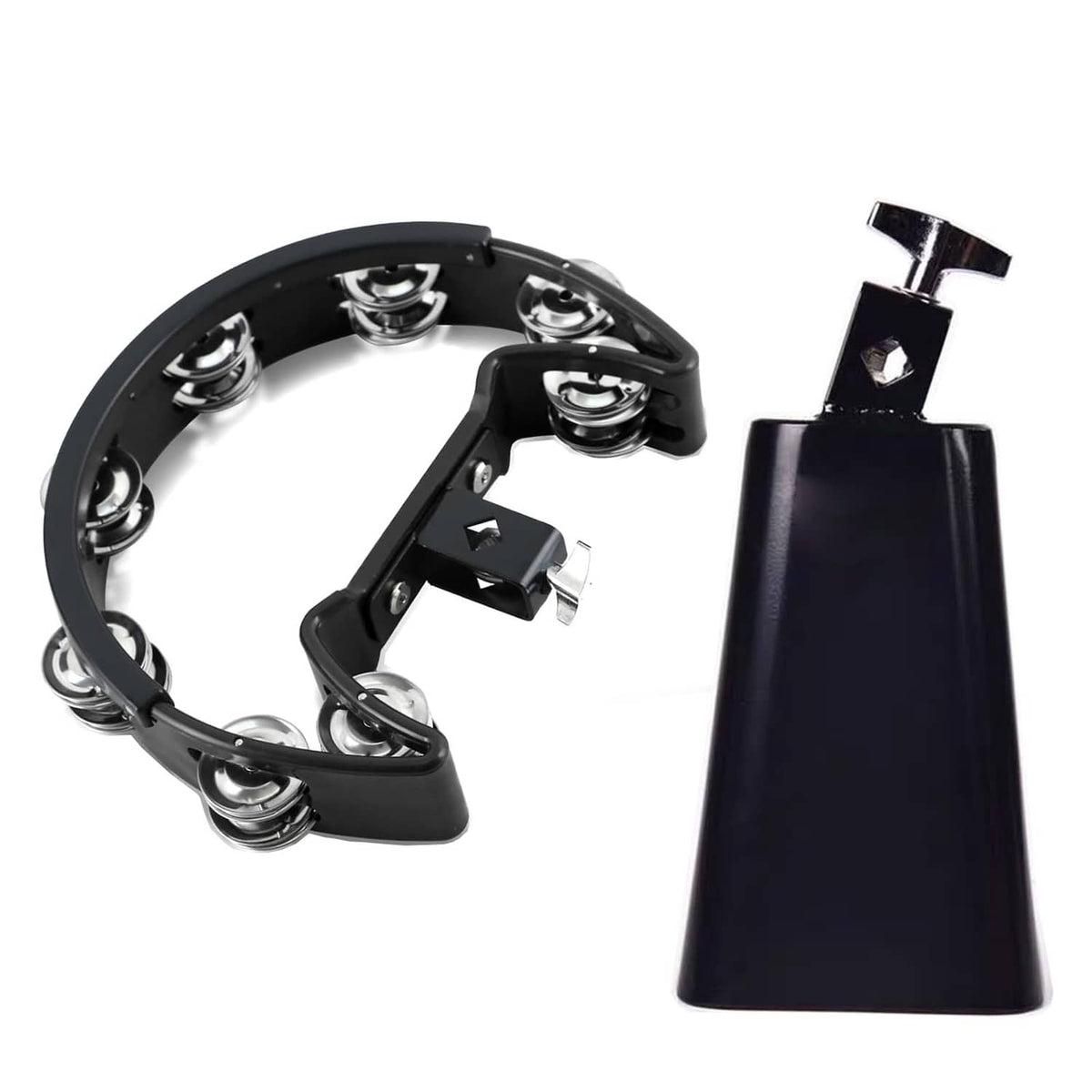 Black tambourine with chrome jingles and black cowbell with mount
