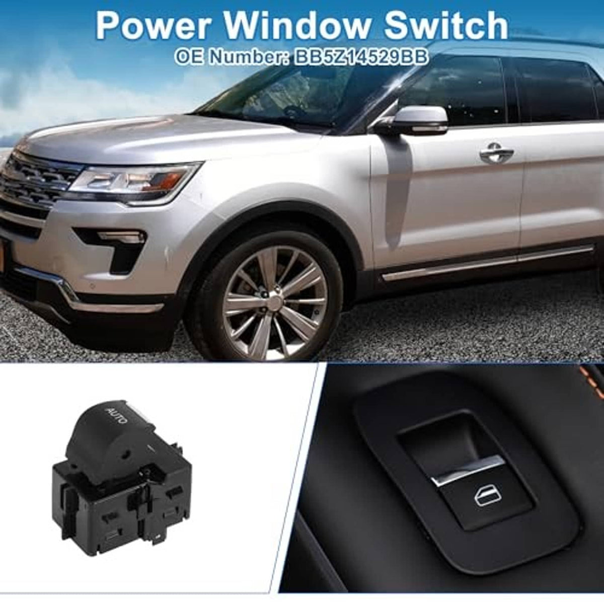 Power window switch and window control button panel in a car door